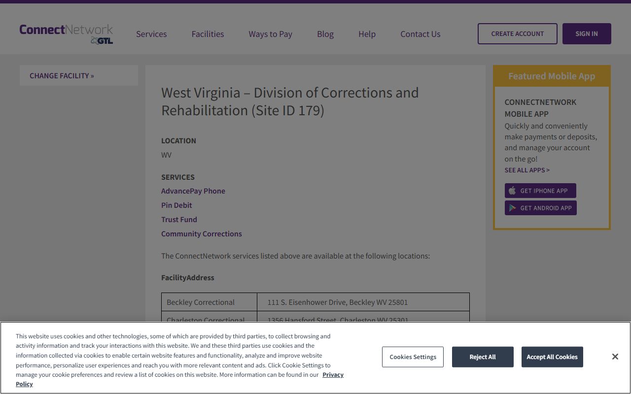 ConnectNetwork WV DCR services for Southern Regional Jail inmate money and phone accounts