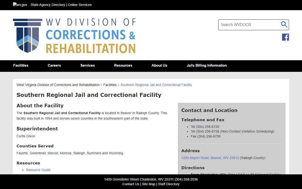 Southern Regional Jail and Correctional Facility official page for Wyoming County inmate lookup