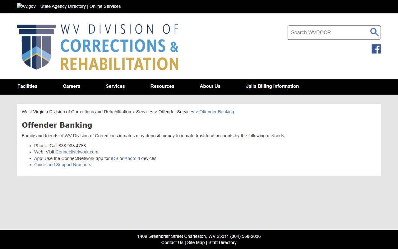 WV DCR offender banking page for Southern Regional Jail inmate deposits