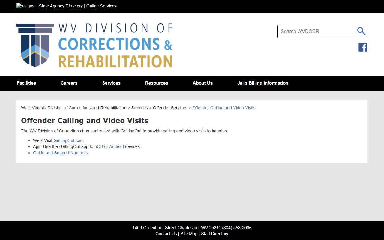 WV DCR calling and video visit page for Southern Regional Jail inmate communication